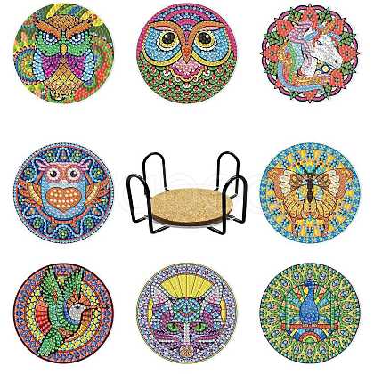 DIY Owl/Unicorn/Buttefly/Cat/Peacock/Hummingbird Pattern Coaster Diamond Painting Kits ANIM-PW0001-177-1