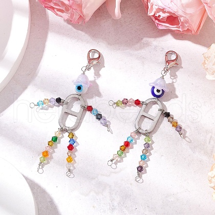 Round Handmade Evil Eye Lampwork Beads with Imitation Austrian Crystal Beads and 201 Stainless Steel Links and Zinc Alloy Lobster Claw Clasps Decorations HJEW-JM03033-1