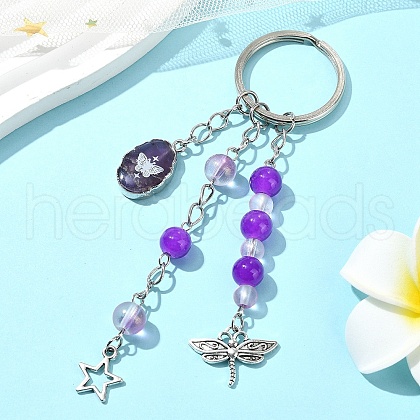 Glass & Alloy & Natural Amethyst Keychain KEYC-YW00146-01-1