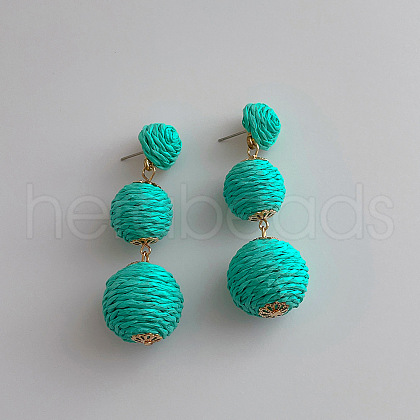 Alloy Raffia Round Beaded Dangle Stud Earrings FS-WG4318B-02-1