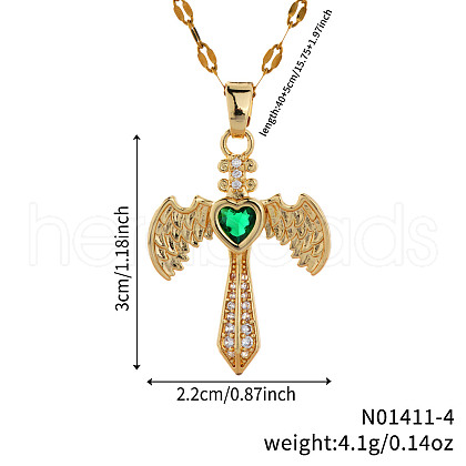 Retro Hip Hop Style Brass Full Rhinestone Heart Wing Sword Pendant Necklaces for Women IJ2885-4-1
