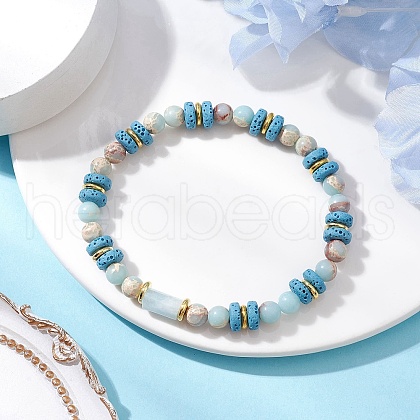 Natural Lava Rock & Synthetic Aqua Terra Jasper & Natural Aquamarine Beads Strethch Bracelets BJEW-JB11666-03-1