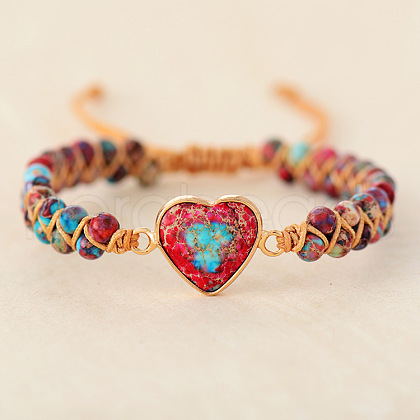 Heart Natural Imperial Jasper Beads Link Bracelets WG1E55C-01-1