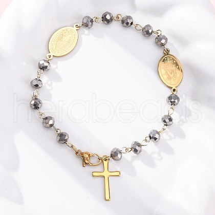 201 Stainless Steel & Electroplated Glass  Miraculous Medal Virgin Cross Charm Bracelets BJEW-B078-163G-1