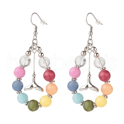 Natural Mixed Gemstone Braided Teardrop Dangle Earrings with Brass Whale Tail Charms EJEW-JE04951-02-1