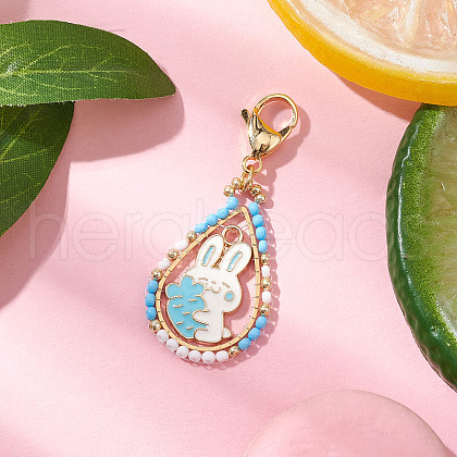 Easter Teadrop Glass Seed Beaded & Alloy Enamel Rabbit Pendant Decorations HJEW-MZ00187-01-1