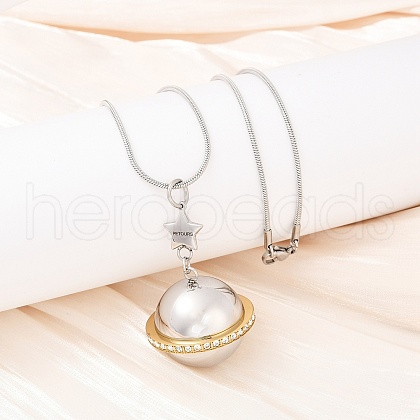 304 Stainless Steel Micro Pave Clear Cubic Zirconia Planet Pendant Pet Urn Ashes Necklaces NJEW-S455-11PG-1
