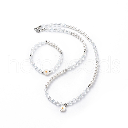 Natural Shell Daisy Flower Stretch Bracelet and Pendant Necklace SJEW-JS01252-1