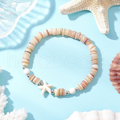 Natural Freshwater Shell with Synthetic Turquoise Beads Stretch Bracelets for Men Women BJEW-JB11744-02-1