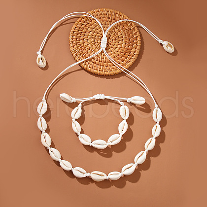 Adjustable Braided Shell Bead Bracelets & Necklaces Sets for Women WG8D1EE-02-1