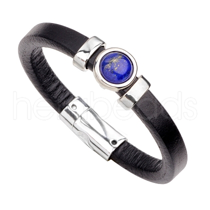 Natural Lapis Lazuli Flat Round Link Bracelet with Imitetion Leather Cords and Metal Magnetic Clasps PW-WG93132-05-1