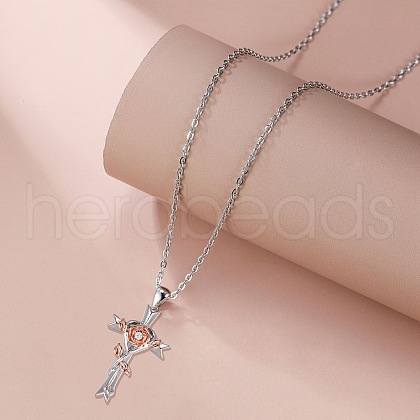 Brass Pave Clear Cubic Zirconia Rose Flower Wrapped Cross Pendant Necklaces for Women FS-WGBC38F-01-1
