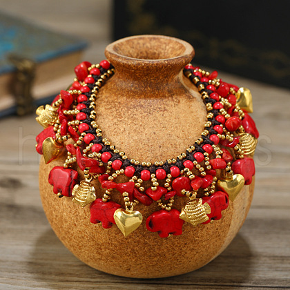Bohemian Dyed Synthetic Turquoise Elephant & Brass Fish Heart Beaded Tassel Anklets for Women FS-WG11539-02-1