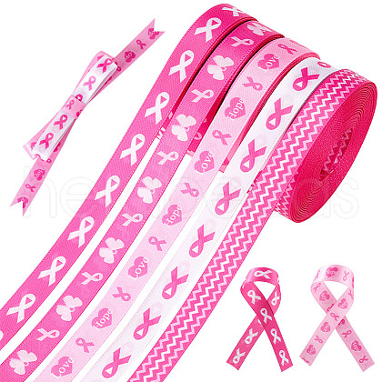   5Rolls 5 Styles Polyester Wave/Breast Cancer Awareness Ribbon Printed Ribbon OCOR-PH0004-22-1