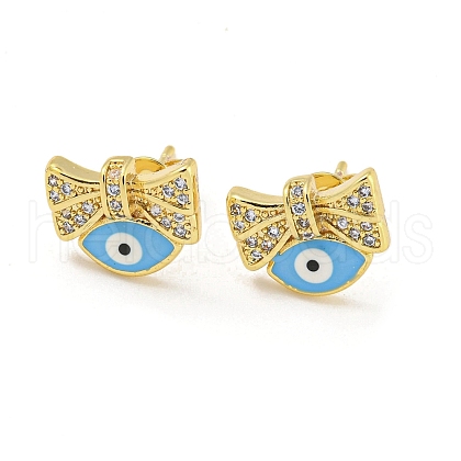 Bowknot with Evil Eye Real 18K Gold Plated Brass Stud Earrings EJEW-L269-105G-01-1