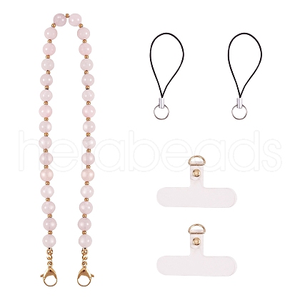 Natural Rose Quartz & 304 Stainless Steel Round Beaded Mobile Straps HJEW-SW00043-02-1