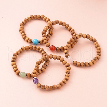 Round Wood Bead Stretch Bracelets BJEW-JB02139-1