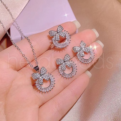 Bowknot & Ring Alloy Clear Cubic Zirconia Pendant Necklace & Stud Earring & Cuff Ring Sets FS-WG09EB0-01-1