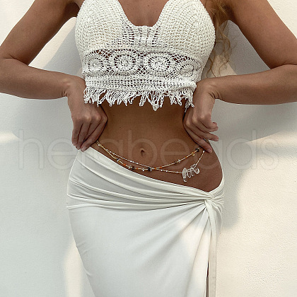 Bohemian Natural Cowrie Shell & Natural Quartz Crystal Chip & Stone & Glass Seed Beaded Double Layer Waist Belly Chains for Women FS-WG787E4-03-1