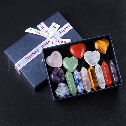 14Pcs Chakra Heart & Hexagonal Prism Mixed Natural Gemstone Healing Stones Set X1-PW-WG55180-01-1