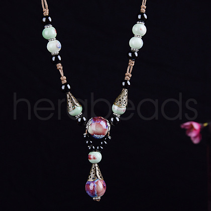 Alloy & Porcelain Teardrop Pendant Beaded Necklaces for Women FS-WG9463F-01-1