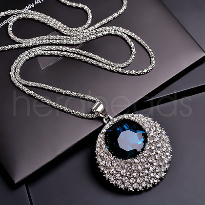Flat Round Alloy Sapphire Rhinestone Pendant Necklaces for Women FS-WGA9C47-01-1