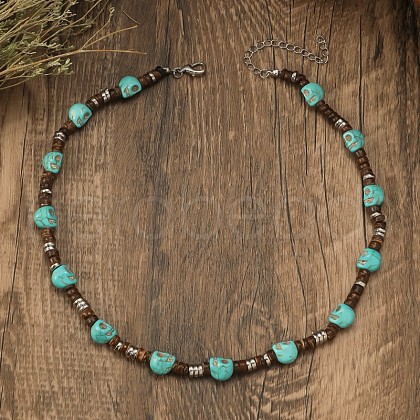 Skull Dyed Synthetic Turquoise & Coconut Heishi Beaded Necklaces for Men FS-WGB0857-01-1
