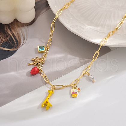Sweet Brass Cubic Zirconia and Natural Pearl Giraffe Coconut Tree Strawberry Pendant Necklaces for Women OM5968-2-1