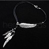 Feather Alloy Crystal Rhinestone Pendant Multi-Strand Black Wax Cord Lariat Necklaces for Women FS-WGEEE72-02-1