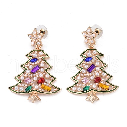 Christmas Tree Alloy Colorful Rhinestone & Plastic Pearl Dangle Stud Earrings for Women EJEW-L203-09KCG-1