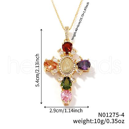 Brass Pave Cubic Zirconia Virgin Mary Cross Pendant Necklaces FU1040-4-1