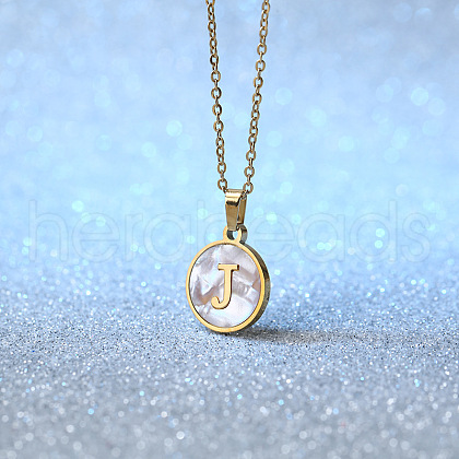 Flat Round Stainless Steel Pave Natural White Shell Initial Pendant Necklaces for Women FS-WG6FA45-10-1
