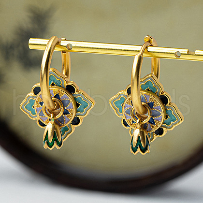 Flat Round with Flower Ethnic Style Brass Enamel Hoop Earrings FS-WG90927-01-1