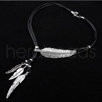 Feather Alloy Crystal Rhinestone Pendant Multi-Strand Black Wax Cord Lariat Necklaces for Women FS-WGEEE72-02-1