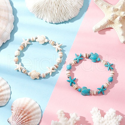 2Pcs Starfish & Turtle Natural Freshwater Shell Beads Stretch Bracelets for Women BJEW-JB11922-1