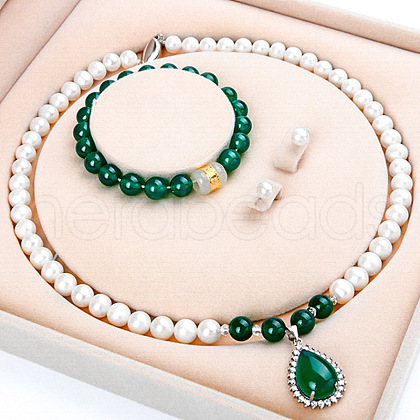 Mother's Day Jewellery Natural Freshwater Pearl Chrysoprase Beaded Necklace & Bracelets & Earrings Sets for Women WGE4EAE-30-1