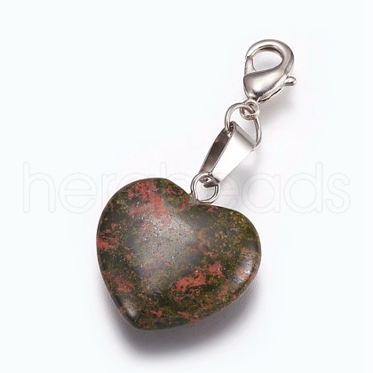 Heart Natural Unakite Pendant Decorations HJEW-PH01132-07-1