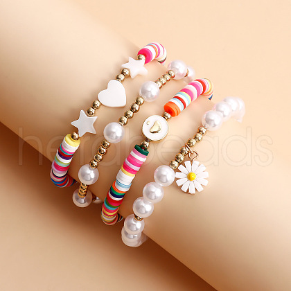 Colorful Soft Polymer Clay Shell & Imitation Pearl Beaded Stretch Bracelet Set TM4974-1
