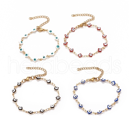 Enamel Rhombus with Evil Eye Link Chains Bracelet BJEW-P271-03G-1