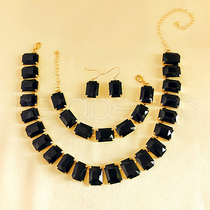 Alloy & Glass Rectangle Link Chain Necklaces & Bracelet & Dangle Earrings Sets FS-WGC2D75-04-1