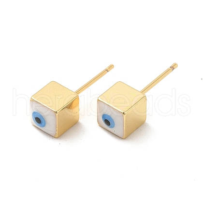 Long-Lasting Plated Cube with Enamel Evil Eye Stud Earring EJEW-E272-01G-03-1