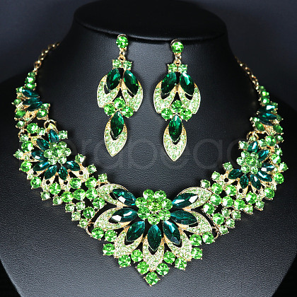Flower Alloy Glass Rhinestone Pendant Necklace & Stud Dangle Earring Sets FS-WG74144-02-1