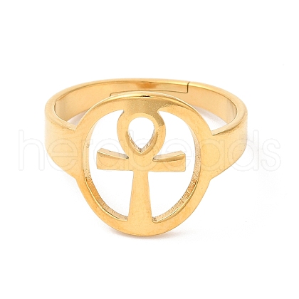 Ion Plating(IP) 304 Stainless Steel Hollow Ankh Corss Adjustable Ring for Women RJEW-K245-39G-1