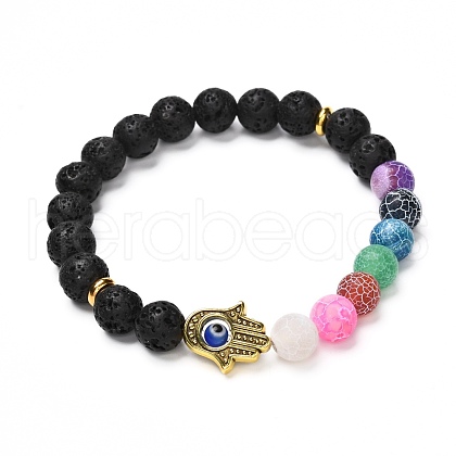 Round Natural Lava Rock & Weathered Agate(Dyed) Beads Stretch Bracelet BJEW-JB06887-1