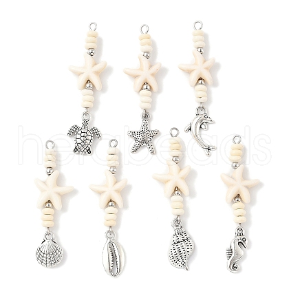 7Pcs 7 Styles Ocean Alloy & Starfish Rondelle Synthetic Turquoise Beaded Big Pendants PALLOY-JF04012-1