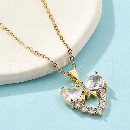 Brass Micro Pave Cubic Zirconia Heart Pendant Neckalces for Women NJEW-S448-12G-1