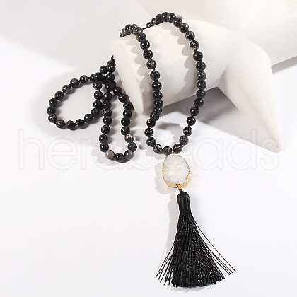 Bohemian Oval Natural Druzy Agate Tassel Pendant Necklaces FS-WGAFDEB-02-1
