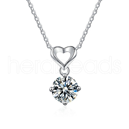 Anti-Tarnish Rhodium Plated 925 Sterling Silver Pave Crystal Moissanite Rhinestone Heart with Rhombus Charms STER-U003-08P-1
