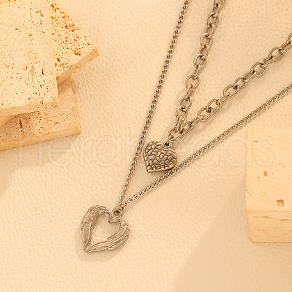 2Pcs 304 Stainless Steel Wing Heart Pendant Double Layer Necklaces for Women NJEW-U044-01P-1