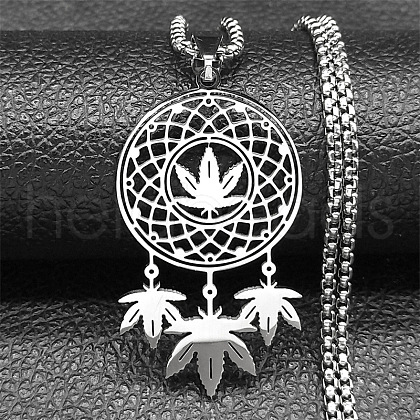 304 Stainless Steel Woven Web/Net with Leaf Pendant Necklaces NJEW-K283-07P-1